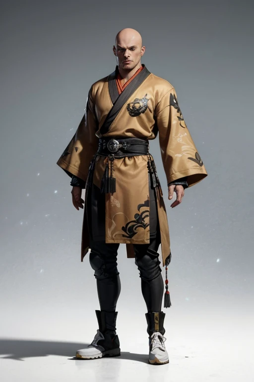 01_(Art conceptuel de personnages stylisés), (1.Silhouette complète du corps), (Personnage 3D concept), (Conception de personnages de jeu).
  (Description du héros), (Un jeune homme, un moine Shaolin qui combine des éléments traditionnels des anciens maîtres martiaux chinois et des détails d&#39;apparence urbanisés modernes). (Une tête bien coupée, Un regard perçant, c&#39;est un combattant, un artiste, un cyber-mage. Il a un physique fort, une tête chauve, un cou fort, épaules, Bras, Jambes fortes). (Vêtu d&#39;un kimono ample en soie, décoré de motifs chinois traditionnels; fleurs, pivoines, crânes, des oiseaux. Une large ceinture ceinture un torse fort, le coffre ouvert est recouvert de chapelet. Les bras et les jambes sont protégés par des éléments de protection de combat dans un style futuriste, cyberpunk, cyber combattant. ! À ses pieds se trouvent des chaussures blanches et fraîches, avec des semelles épaisses!). (Son arme, la magie des beaux-arts, est armé d&#39;une longue perche, c&#39;est un appareil technologique, rappelle vaguement un poteau de combat traditionnel, Métal, électronique, cyber-armes. À l&#39;aide d&#39;images virtuelles, le Fighter Monk est capable de recréer divers éléments dans l&#39;espace; dragons, Démons, des oiseaux, fleurs, et des morts. Il dépend du niveau d’énergie accumulée et de la présence d’« éléments primaires »).
02_L&#39;image est réalisée à la manière d&#39;une fiche conceptuelle, fond blanc, (un personnage, pleine hauteur), armes en mains, (dynamique spectaculaire - pose de combat avec une perche, crée un fantôme de combat dans l&#39;espace). (Couleurs des vêtements, orange sourd, Métal elements, Plastique; style cyberpunk, futur combattant).
03_stylisation, concept de personnage de jeu, fond blanc, un héros complet. stylisation; fantaisie-cyberpunk, Jeux anti-émeute, League of Legends, World of Warcraft. Personnage 3D, modèle de jeu, haute qualité – textures 2D artistiques dessinées à la main; (la diffusion, Transparence, briller, relief.) riche, palette de couleurs équilibrée, contour graphique linéaire en noir.