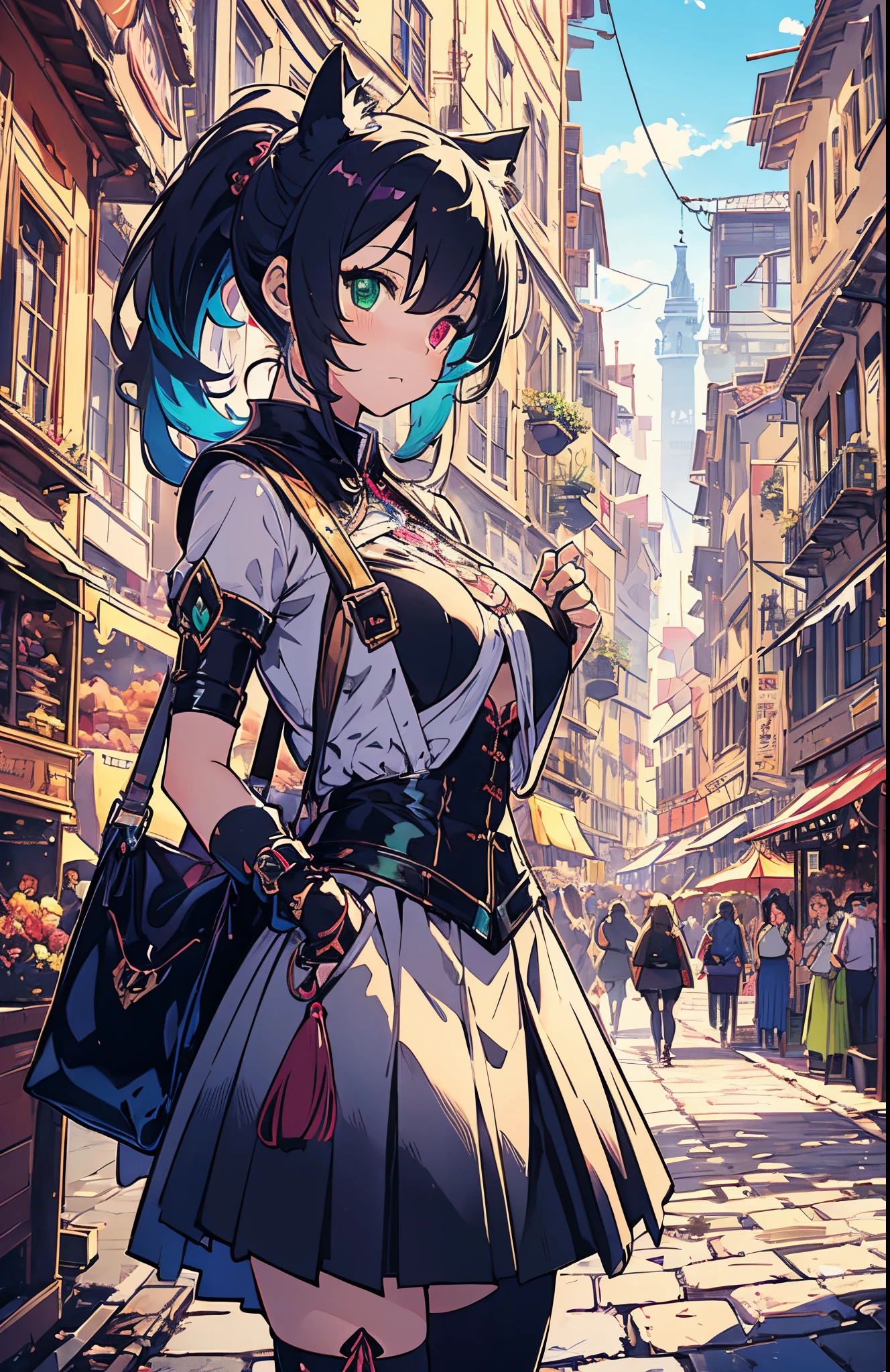 masterpiece, highly detailed, concept art, medium shot, anime style, (catgirl:1.4), cat ears, (heterochromia eyes:1.2), (violet and green multi-colored ponytail hair), cute, Leather outfit, fantasy theme, bustling medieval market background, epic composition, epic proportion, Contrast, HD