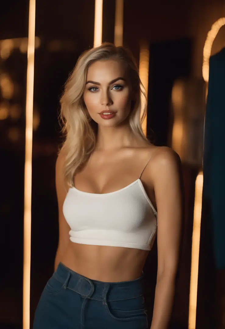 A close up of a woman in a white bra top and jeans - SeaArt AI