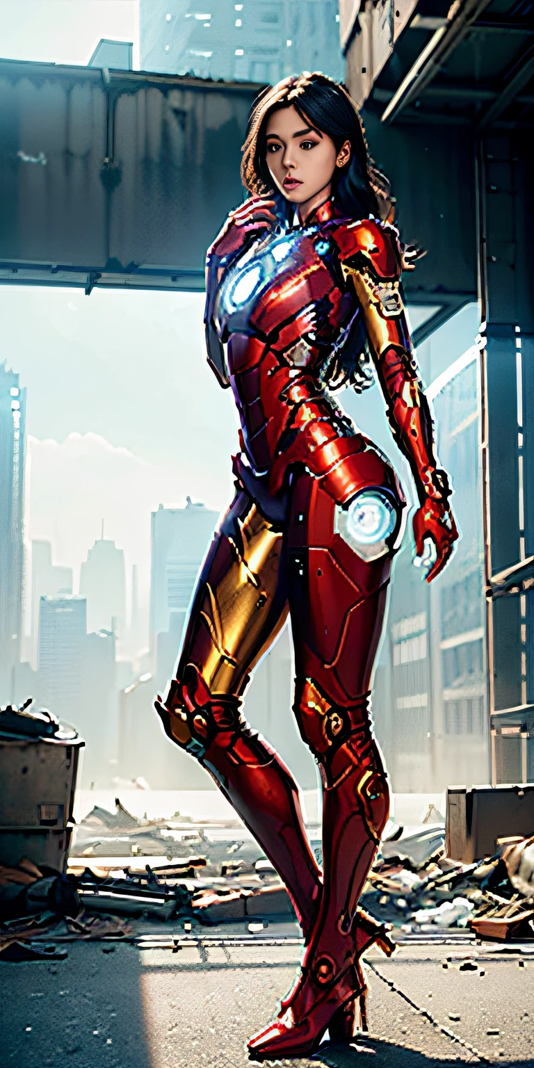 RAW, Masterpiece, Ultra Fine Photo,, Best Quality, Ultra High Resolution, Photorealistic, Sunlight, Full Body Portrait, Stunningly Beautiful,, Dynamic Poses, Delicate Face, Vibrant Eyes, (Side View) , she is wearing a futuristic Iron Man mech, red and gold color scheme, highly detailed abandoned warehouse background, detailed face, detailed and complex busy background, messy, gorgeous, milky white, high detailed skin, realistic skin details, visible pores , sharp focus, volumetric fog, 8k uhd, dslr camera, high quality, film grain, fair skin, photorealism, lomography, sprawling metropolis in futuristic dystopia, view from below, translucent