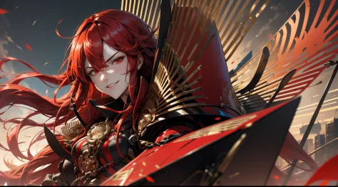 oda nobunaga, fate grand order, red hairs, red eyes, red robot armor,  cyberpunked, skyscrapers, red bicycle, natta,  a smile,