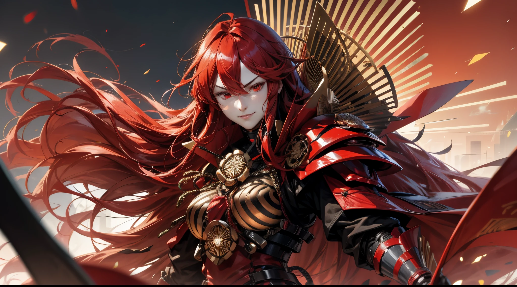 Oda Nobunaga, Fate Grand Order, red hairs, red eyes, red robot armor,  cyberpunked, Skyscrapers, Red Bicycle, natta,  A smile,