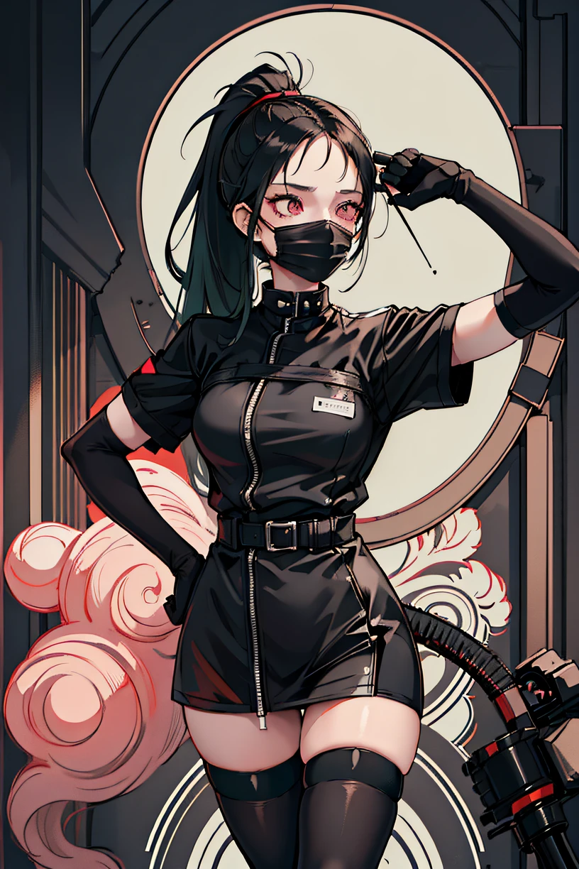 black nurse, 1girl, solo, black nurse cap, black wear, ((black legwear, zettai ryouiki)), black elbow gloves, ponytail, green hair, pink eyes, ((black surgical mask, covered nose)), standing, ((surgery room)), sharp outline, short sleeves, best quality, masterpiece