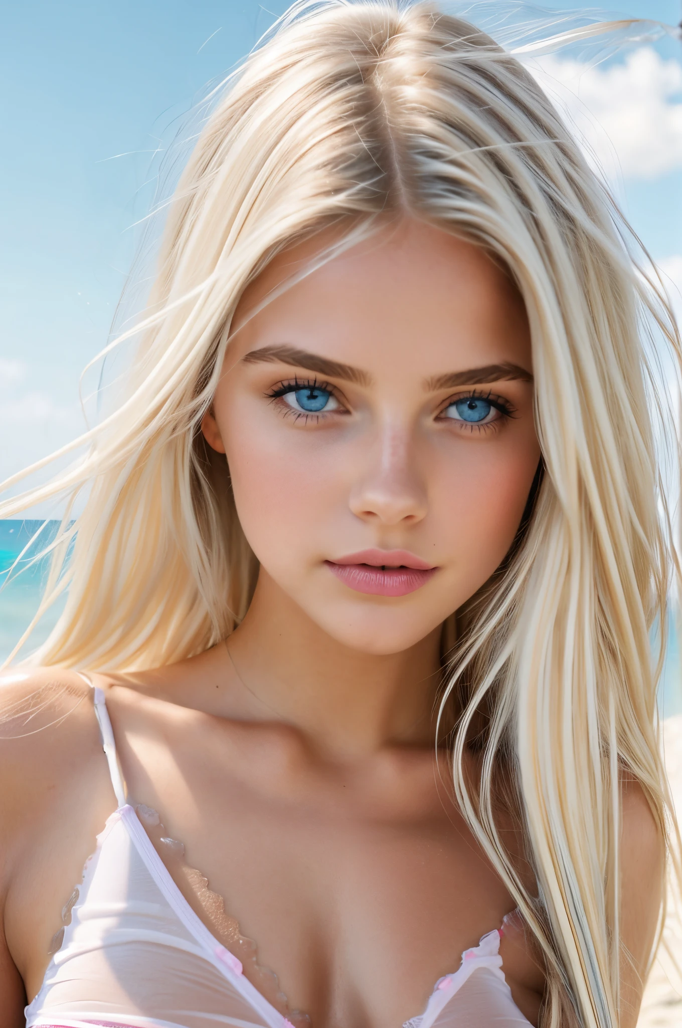 A woman with long blonde hair and blue eyes wearing a pink bra - SeaArt AI