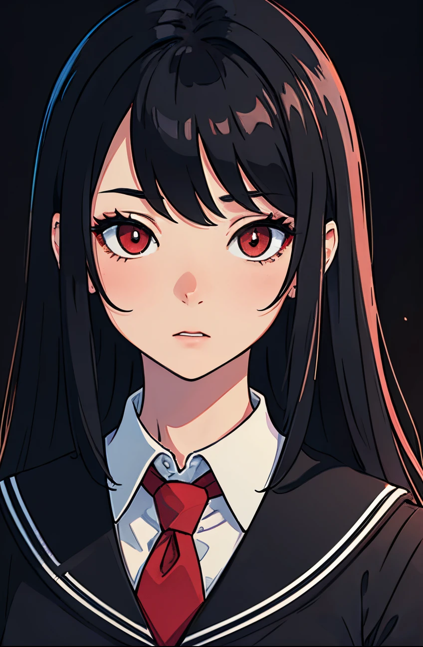 Perfect proportion, masterpiece, high quality, high details, (black hair), red eyes,(1woman),,black  school uniform. all black background. Close up to face. Face datailed.