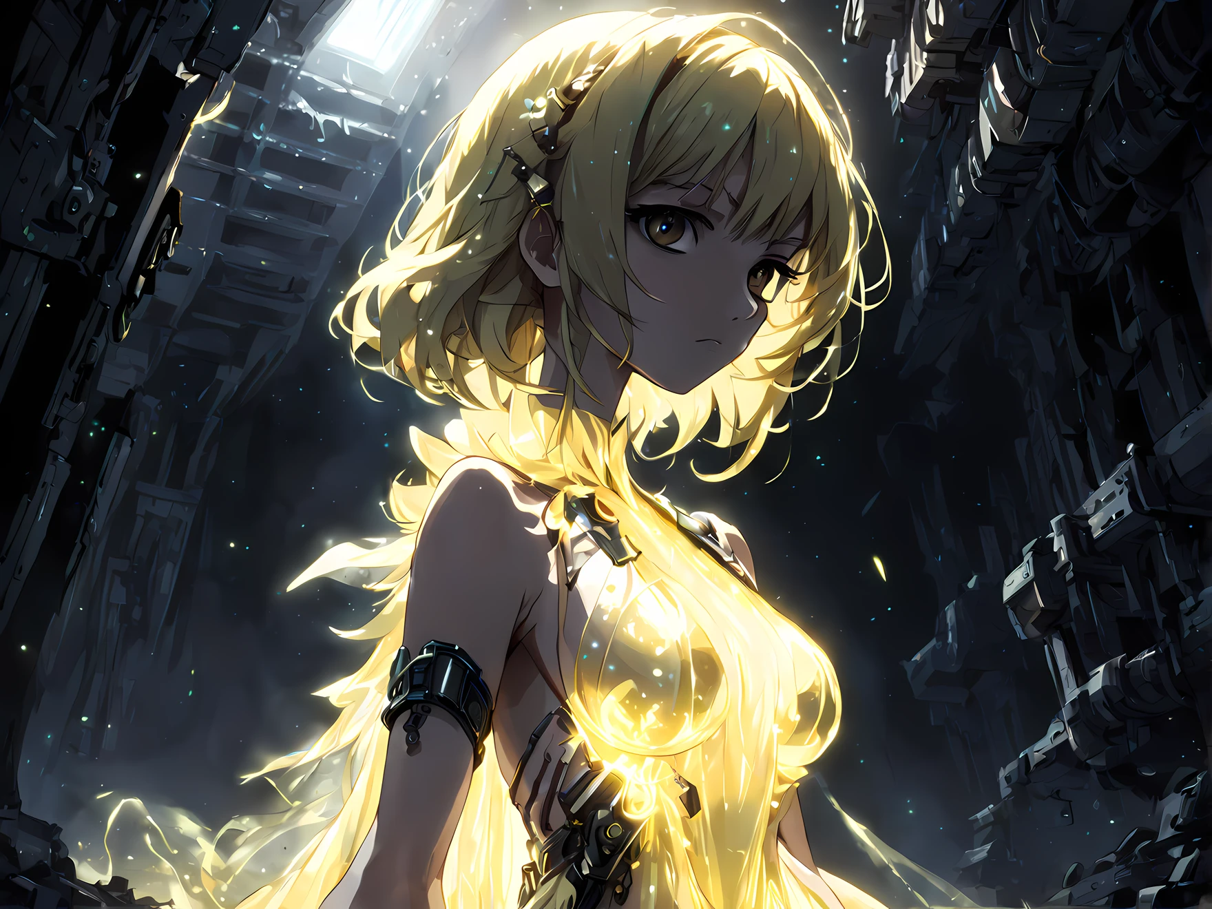 Estilo distópico estilo anime linda mulher vestindo um amarelo claro (bioluminescent dress) o submundo, propenso, Close extremo, de lado, . sombrio, Pós-apocalíptico, sombrio, dramático, Altamente detalhado,(((((Imagem da parte superior do corpo))))))