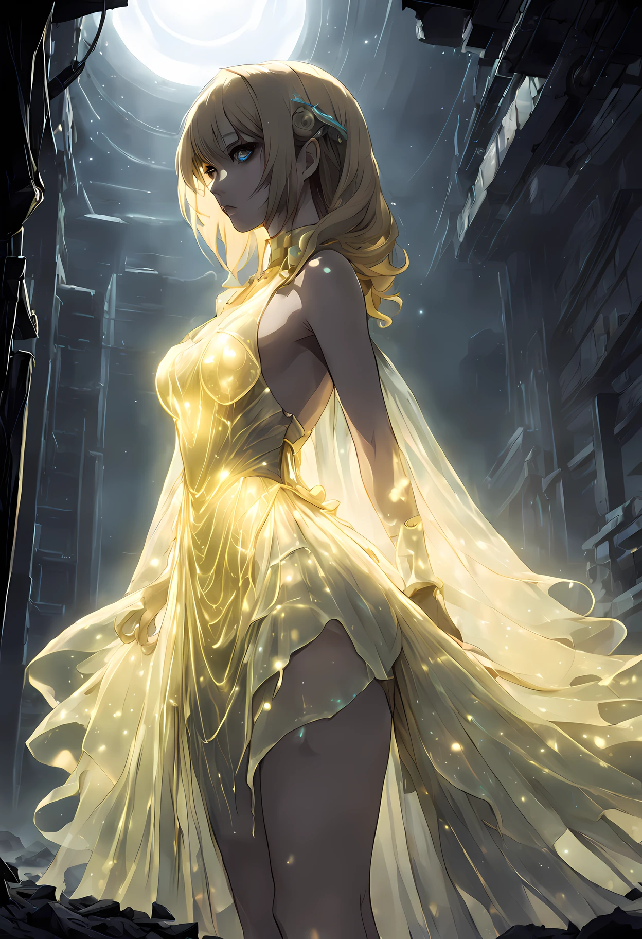 Estilo distópico estilo anime linda mulher vestindo um amarelo claro (bioluminescent dress) o submundo, propenso, Close extremo, de lado, . sombrio, Pós-apocalíptico, sombrio, dramático, Altamente detalhado,