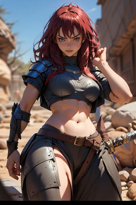 1girl enjinight, solo, red armor, sword, wide hips , barbarian_woman armor, armor, anime style