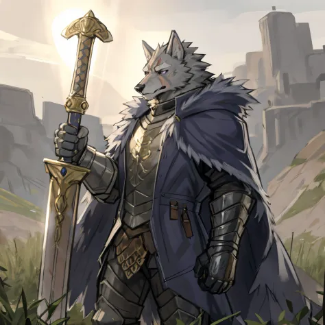 ((best quality, high res, perfect scenario)), Blaaid, wolf, 1male, solo, detailed eyes, gray fur, scar, tail, serious face, purp...