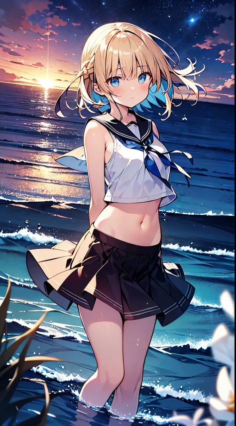 masutepiece, Best Quality,Illustration, Wallpaper, Ultra Detail, absurderes, 1girl in, Solo, (Medium short hair、short braided hair), Beautiful detailed eyes, beautiful detailed fingers,with blush cheeks,after rain , (ocean type:1.3), Night sky after rain、Hair that flutters in the wind,(a panoramic view:1.3),(Sense of depth:1.5),(longshot:1.3)、natta、（dark sky）,(starrysky),a sailor suit,arms visible、I can see your elbow、shoulders can be seen、I can see my stomach、Navel is visible、a short skirt,(thigh visible),The ribbon on my chest is fluttering in the wind,(moderate shaking)