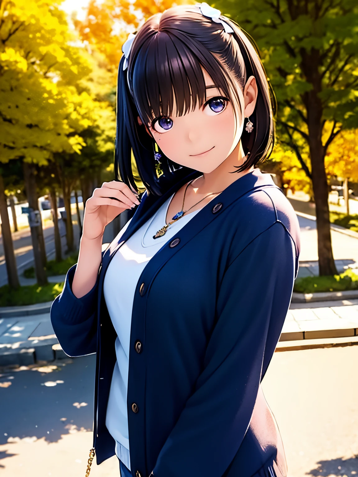 hight resolution,8K,Best Quality,detaileds,semi - realistic anime,Anime 3D Style,Smooth Anime CG,1 girl in,20 year old woman in Japan,slim,modeled,shiny chestnut hair,Medium Hair,Detailed face,Beautiful and detailed eyes,Glowing skin,(layered clothes,Autumn and winter clothes),earring beautiful,a necklace,Winter in Japan,dead wood,leaves falling,Hard Focus、film grains,Soft lighting,the wind,looking at the viewers,A smile,