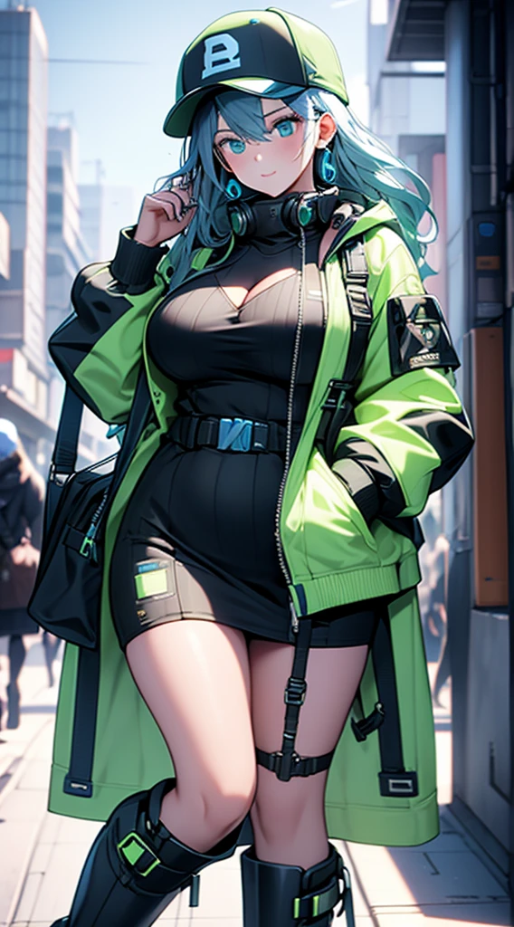 blue hair delivery girl. cyberpunked. long boots beautiful girl. Plump body. Colossal . thighs thighs thighs thighs、Close-up of people、A slight smil、Boulevards of large cities、black jacket with light green lines、Baseball Cap、White inner suit、