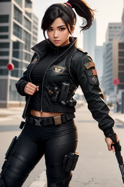 beautiful girl, cap, ponytail hair, snickers, weapon, 1girl, full body, 8K, gloves, tactical, sport jacket, operator, warzone, s...
