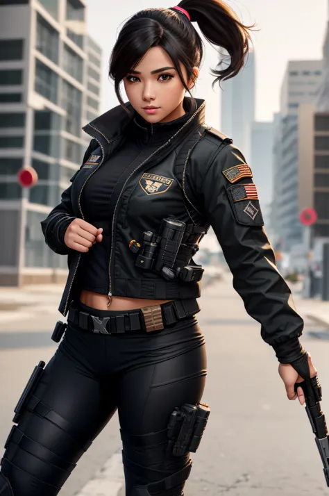 beautiful girl, cap, ponytail hair, snickers, weapon, 1girl, full body, 8k, gloves, tactical, sport jacket, operator, warzone, s...