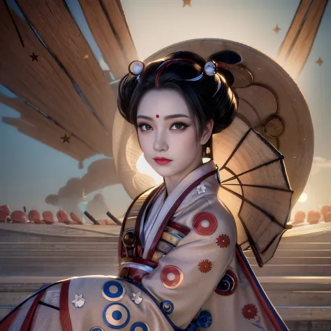 There is a geisha, with full lips, beautiful eyes, large and firm breasts, wearing a blue kimono with embroidered flowers, posin...
