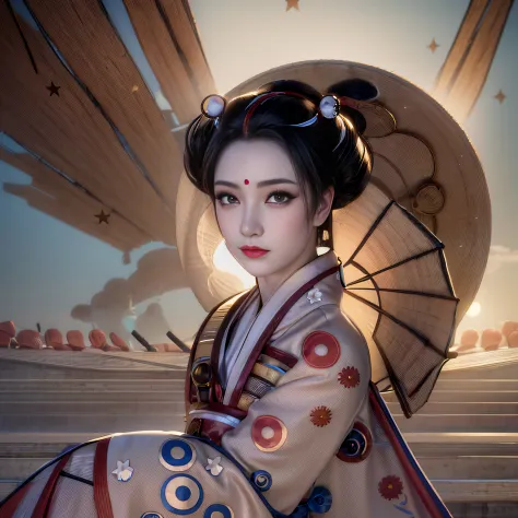 there is a geisha, with full lips, beautiful eyes, large and firm breasts, wearing a blue kimono with embroidered flowers, posin...