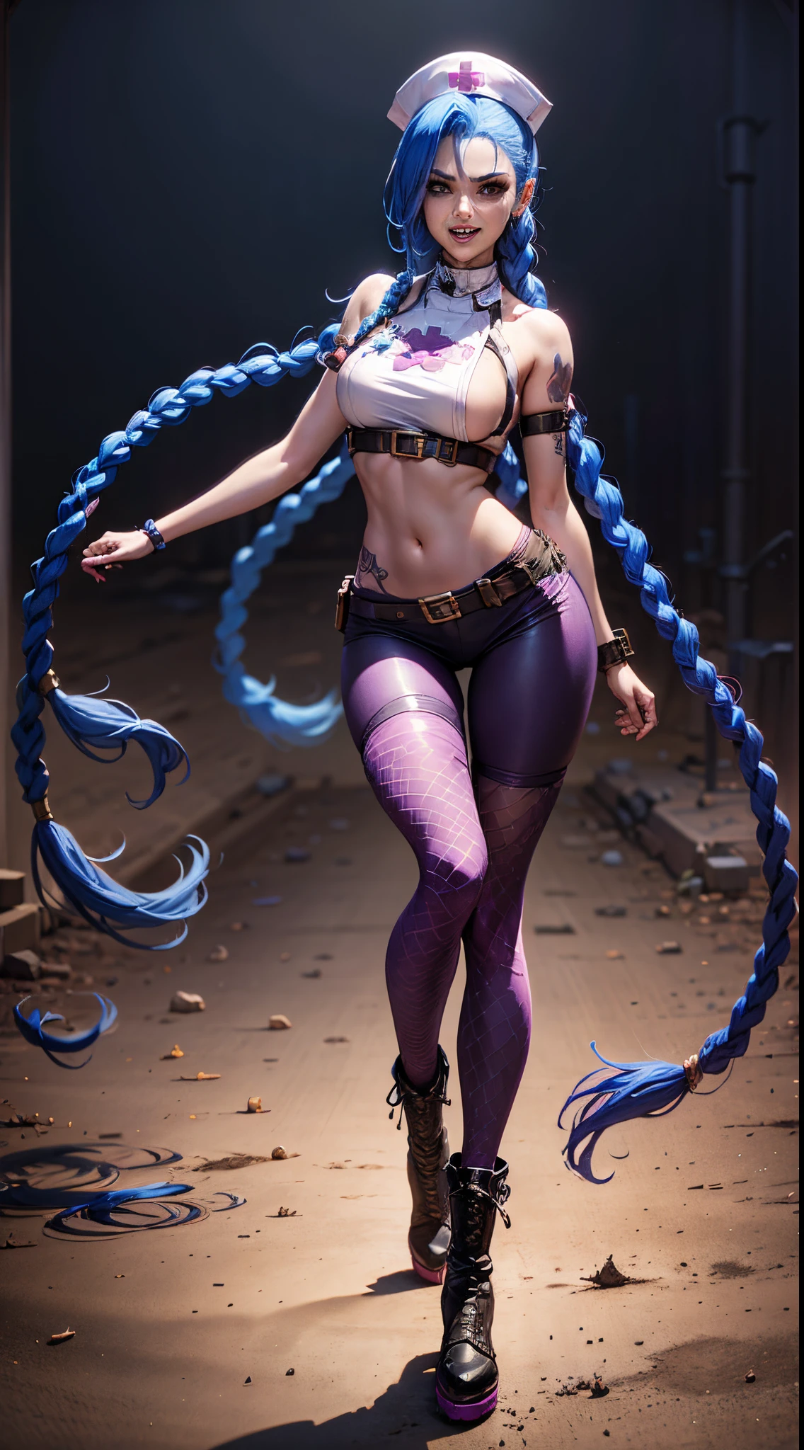 A woman with blue hair and purple pants is walking in a dark room - SeaArt  AI