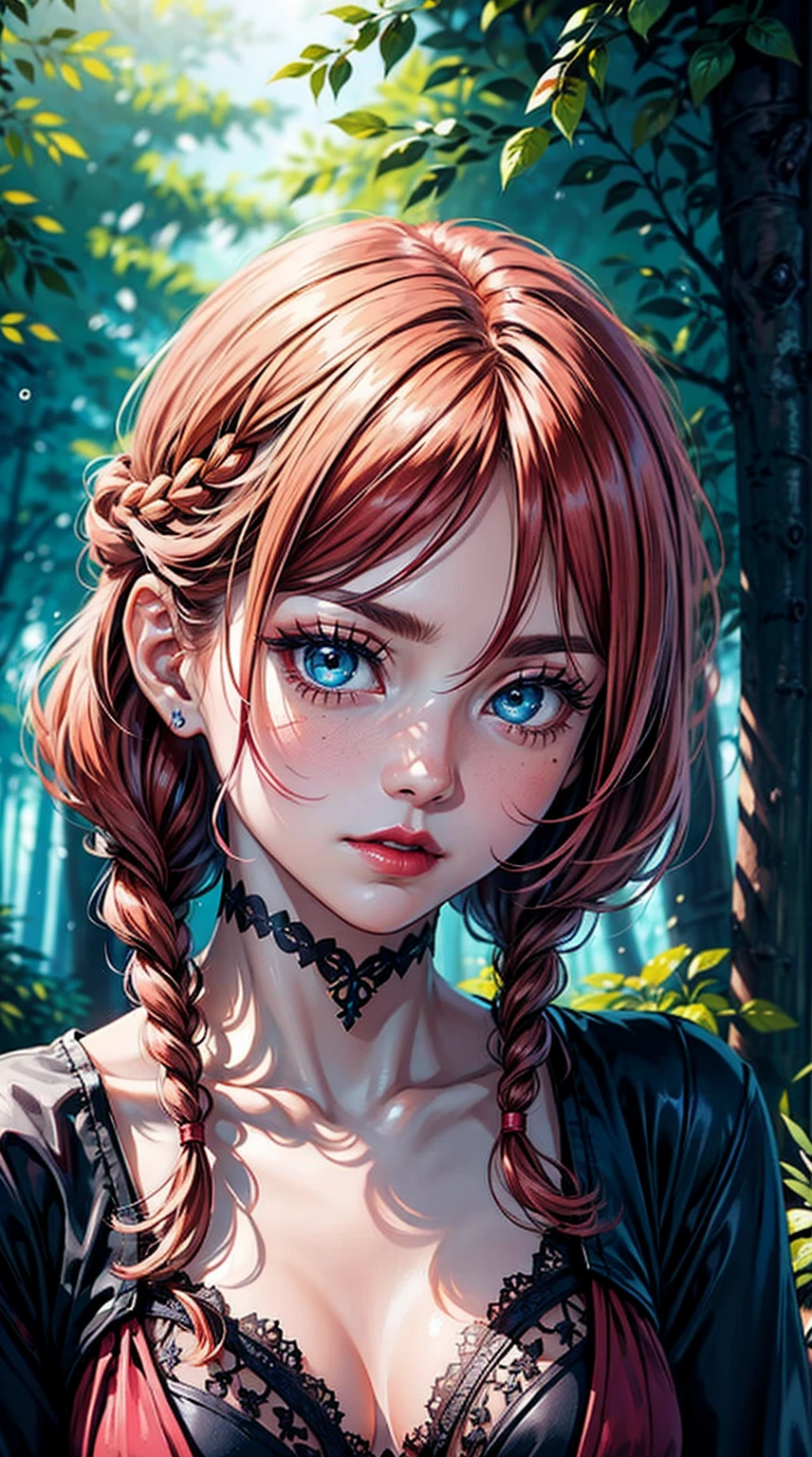 (masterpiece), best quality, expressive eyes, perfect face, upper body, beautiful face, mature woman, focused, beautiful eyes, azure eyes, medium flaming red hair, small braids, elegant dress, magical forest background, front view, close up, pink lipstick, pink blush