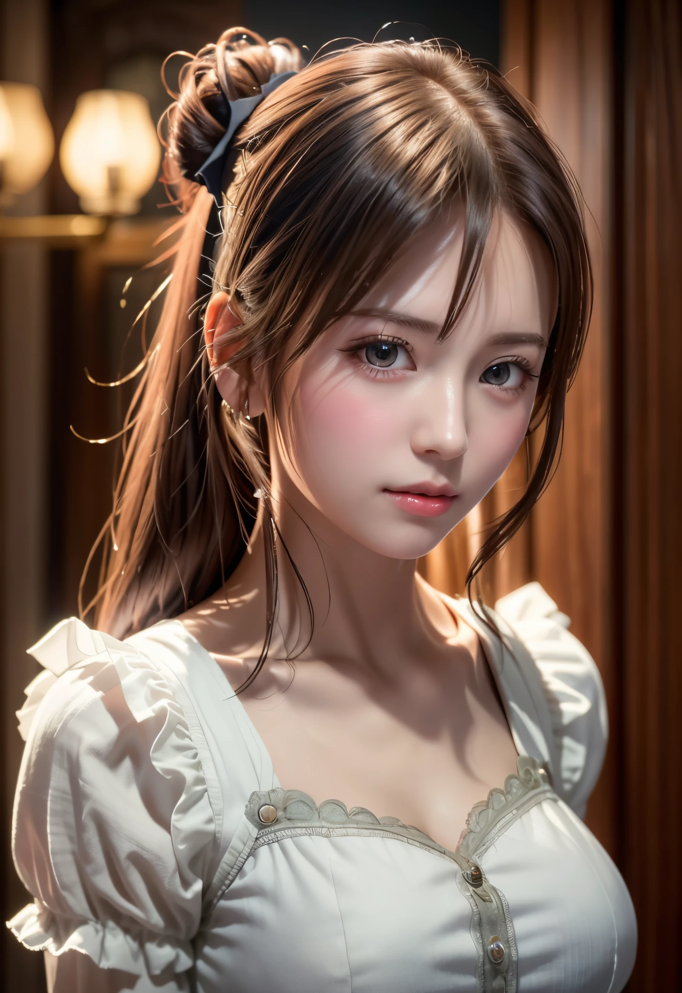 8K, of the highest quality, masutepiece:1.2), (Realistic, Photorealsitic:1.37), of the highest quality, masutepiece, Beautiful young woman, Pensive expression, Gentle eyes, Cute Maid Clothes, Hair tied back, feeling radiant, Cinematic background,, Light skin tone