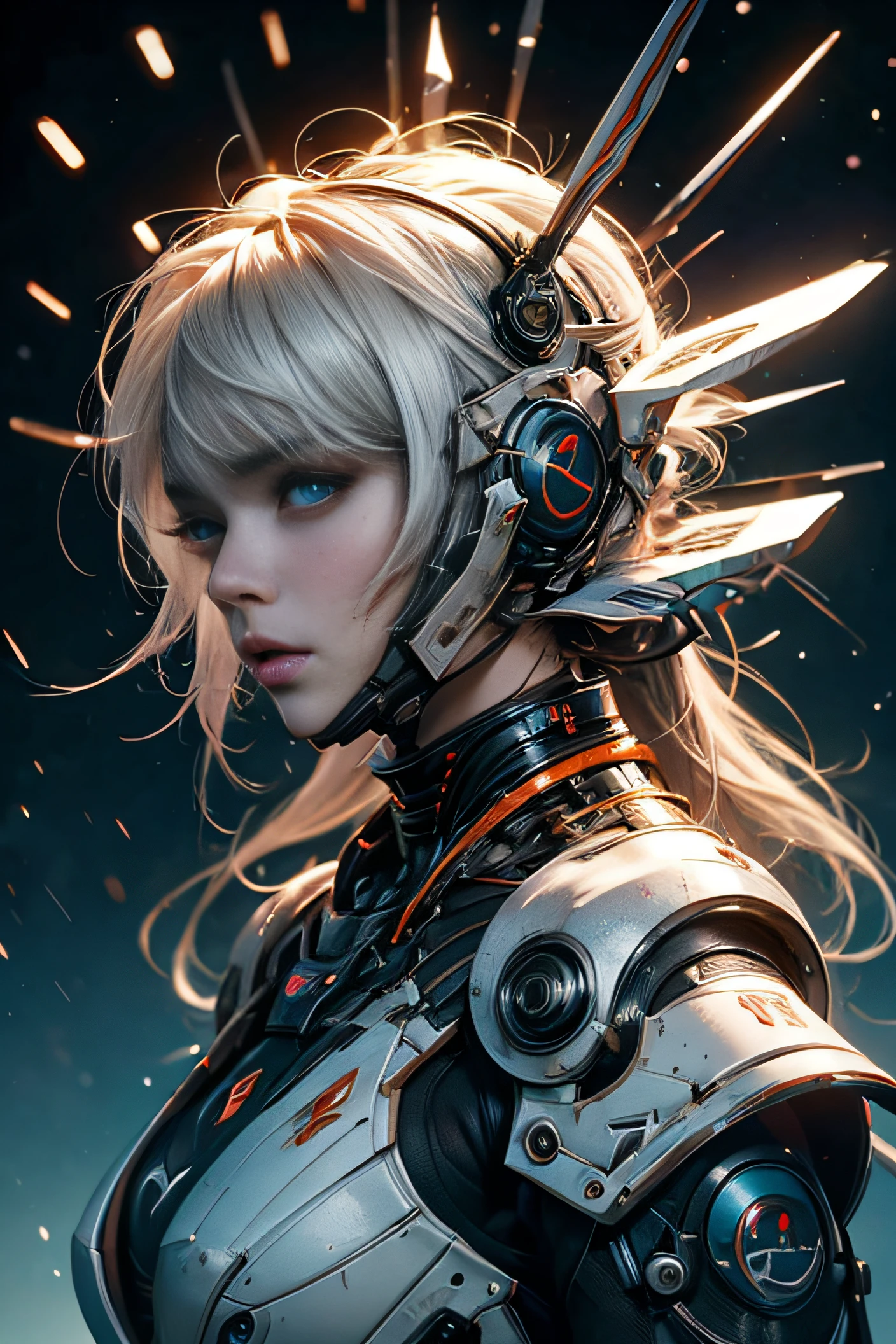 CG Mecha, Beautiful eyes, Upper body, Predator Armor, Portrait, droid,White-orange armor,, Neon light, 8K, raw, Best Quality, masutepiece, (depth of fields, Bokeh:1.3), extremely detailed eye and face, Beautiful detailed eyes、Black gold,超A high resolution, Colorful,Colorful paint、Detailed background, Luminescent eyes、Dark Fantasy,3d rendered、Desolate Land、white  hair、Full Body Portfolio、Colorful Hair