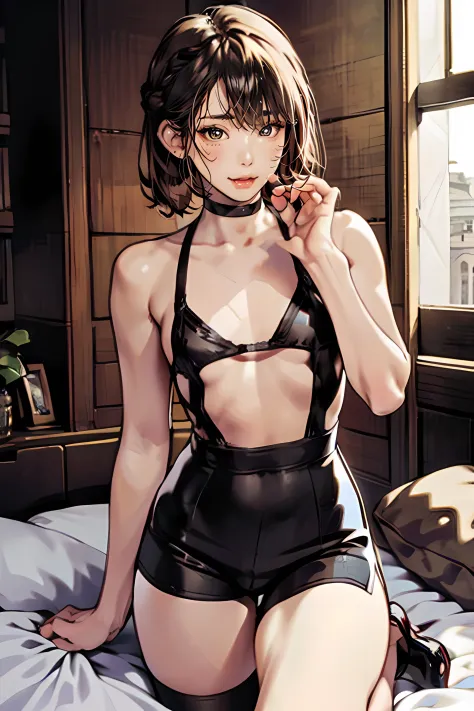 femboi, ((Masterpiece)), (Cute: 2.0), The face is extremely detailed, Enchanted expression, Strong gaze, Black Double French Braid, (Thin structure), Slightly round face, Tanned brown face, Healthy face, Big eyes, Shorts, Thin thighs, (Small chest), confid...