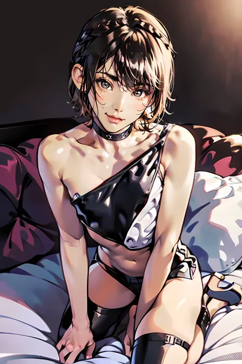 femboi, ((Masterpiece)), (Cute: 2.0), The face is extremely detailed, Enchanted expression, Strong gaze, Black Double French Braid, (Thin structure), Slightly round face, Tanned brown face, Healthy face, Big eyes, Shorts, Thin thighs, (Small chest), confid...