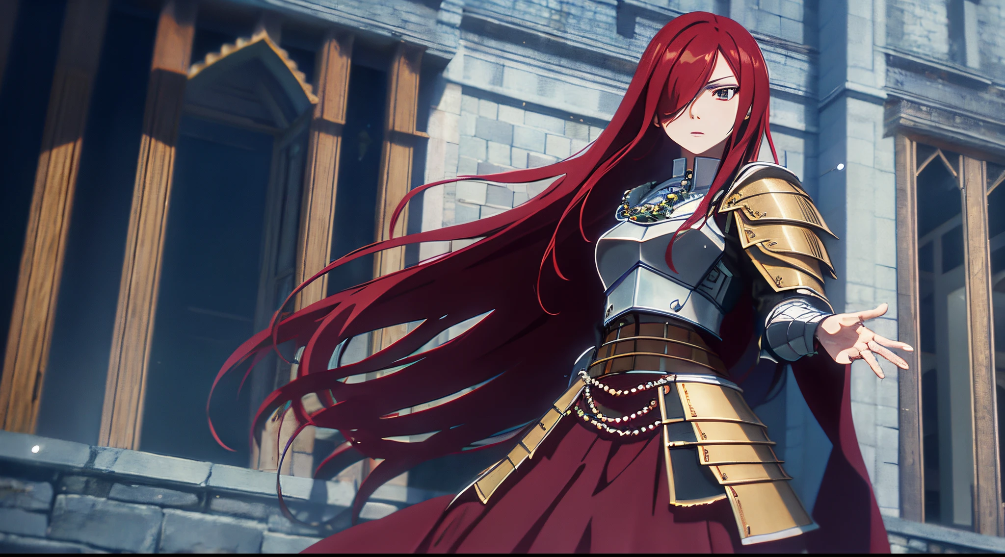 erza, 1girl, solo, long_hair, medium breasts,brown_eyes,red_hair,hair over one eye, standing, looking at viewer,medieval knight armor pauldrons, praying beads on neck, long skirt,medieval fortress balcony, anime style,deep depth of field,wide angle view,Lumen Reflections,Screen Space Reflections,Diffraction Grading,Chromatic Aberration,GB Displacement,Scan Lines,Ray Traced,Anti-Aliasing,FXAA,TXAA,RTX,SSAO,Shaders,OpenGL-Shaders,GLSL-Shaders,Post Processing,Post-Production,cell Shading,Tone Mapping,CGI,VFX,SFX,insanely detailed and intricate, 4K