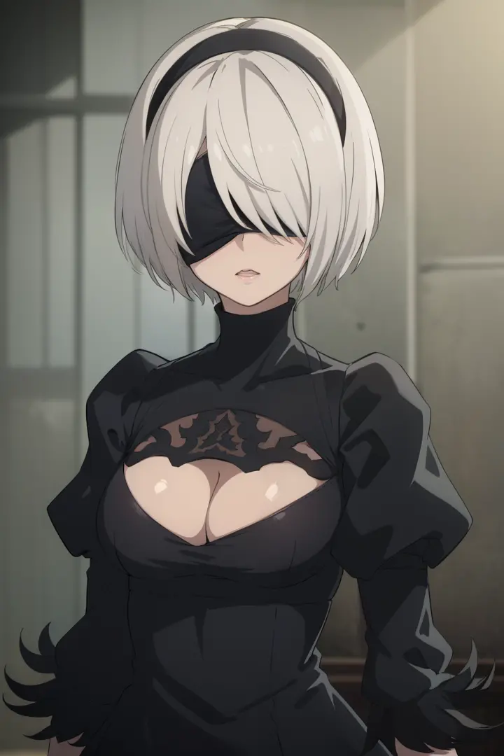 1girl,  over eyes,  black dress, necklace, cleavage, strap, testicles,, masterpiece, best quality, highly detailed, , yorha no. 2 type b, short white hair, blue eyes
