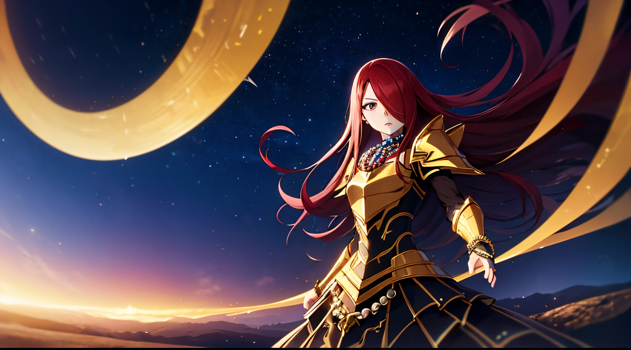 erza, 1girl, solo, long_hair, medium breasts,brown_eyes,red_hair,hair over one eye, standing, looking at viewer,golden knight armor pauldrons, praying beads on neck, long skirt,desert night sky nebulae,anime style,deep depth of field,wide angle view,Lumen Reflections,Screen Space Reflections,Diffraction Grading,Chromatic Aberration,GB Displacement,Scan Lines,Ray Traced,Anti-Aliasing,FXAA,TXAA,RTX,SSAO,Shaders,OpenGL-Shaders,GLSL-Shaders,Post Processing,Post-Production,cell Shading,Tone Mapping,CGI,VFX,SFX,insanely detailed and intricate, 4K
