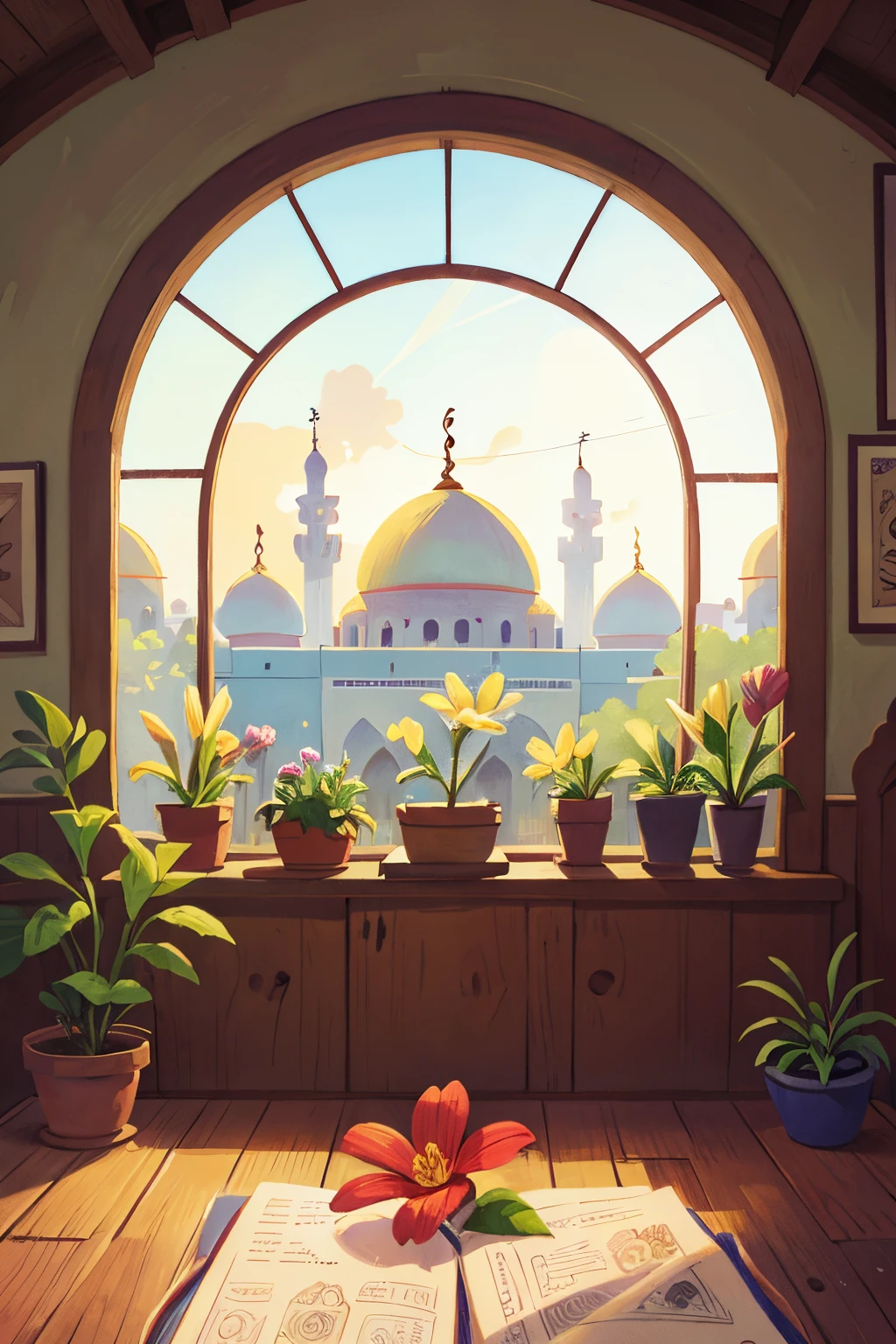 illustration of flower, near the window, mosque outside the window