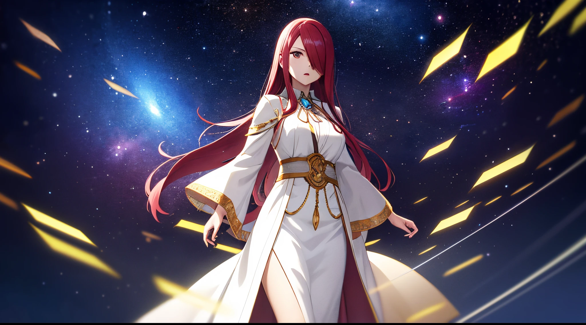 erza, 1girl, solo, long_hair, medium breasts,brown_eyes,red_hair,hair over one eye, standing, looking at viewer,ethereal white robe, praying beads on neck, long skirt,outer space galaxy and nebulae,anime style,deep depth of field,wide angle view,Lumen Reflections,Screen Space Reflections,Diffraction Grading,Chromatic Aberration,GB Displacement,Scan Lines,Ray Traced,Anti-Aliasing,FXAA,TXAA,RTX,SSAO,Shaders,OpenGL-Shaders,GLSL-Shaders,Post Processing,Post-Production,cell Shading,Tone Mapping,CGI,VFX,SFX,insanely detailed and intricate, 4K