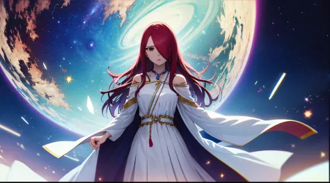 erza, 1girl, solo, long_hair, medium breasts,brown_eyes,red_hair,hair over one eye, standing, looking at viewer,ethereal white r...