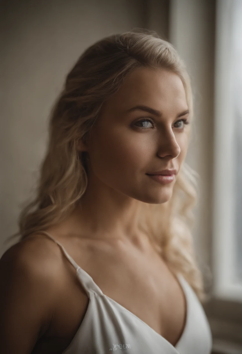 A close up of a woman with long blonde hair looking out a window - SeaArt AI