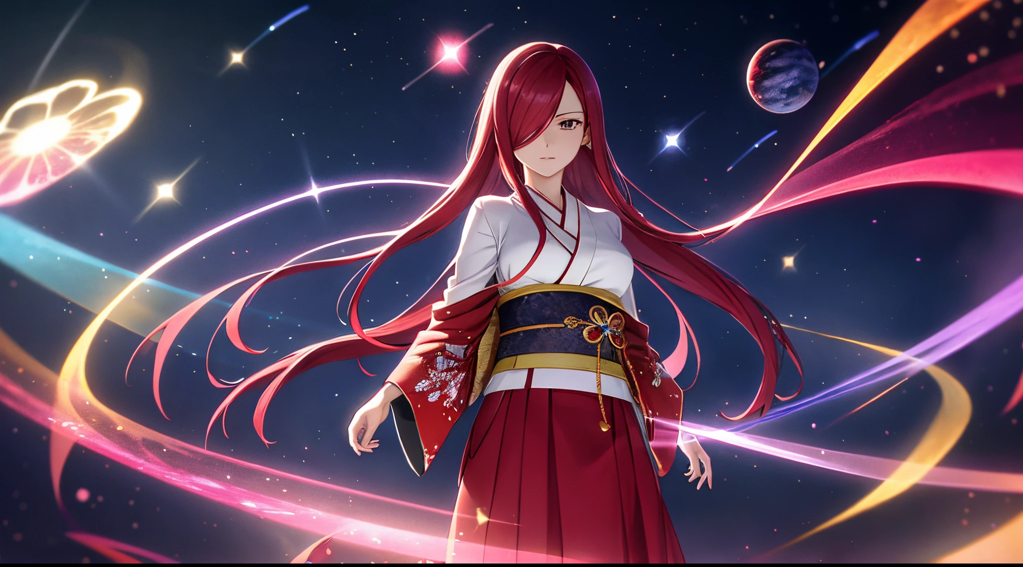 erza, 1girl, solo, long_hair, medium breasts,brown_eyes,red_hair,hair over one eye, standing, looking at viewer,cosmic stars kimono,praying beads on neck, long skirt,outer space galaxy and nebulae,anime style,deep depth of field,wide angle view,Lumen Reflections,Screen Space Reflections,Diffraction Grading,Chromatic Aberration,GB Displacement,Scan Lines,Ray Traced,Anti-Aliasing,FXAA,TXAA,RTX,SSAO,Shaders,OpenGL-Shaders,GLSL-Shaders,Post Processing,Post-Production,cell Shading,Tone Mapping,CGI,VFX,SFX,insanely detailed and intricate, 4K