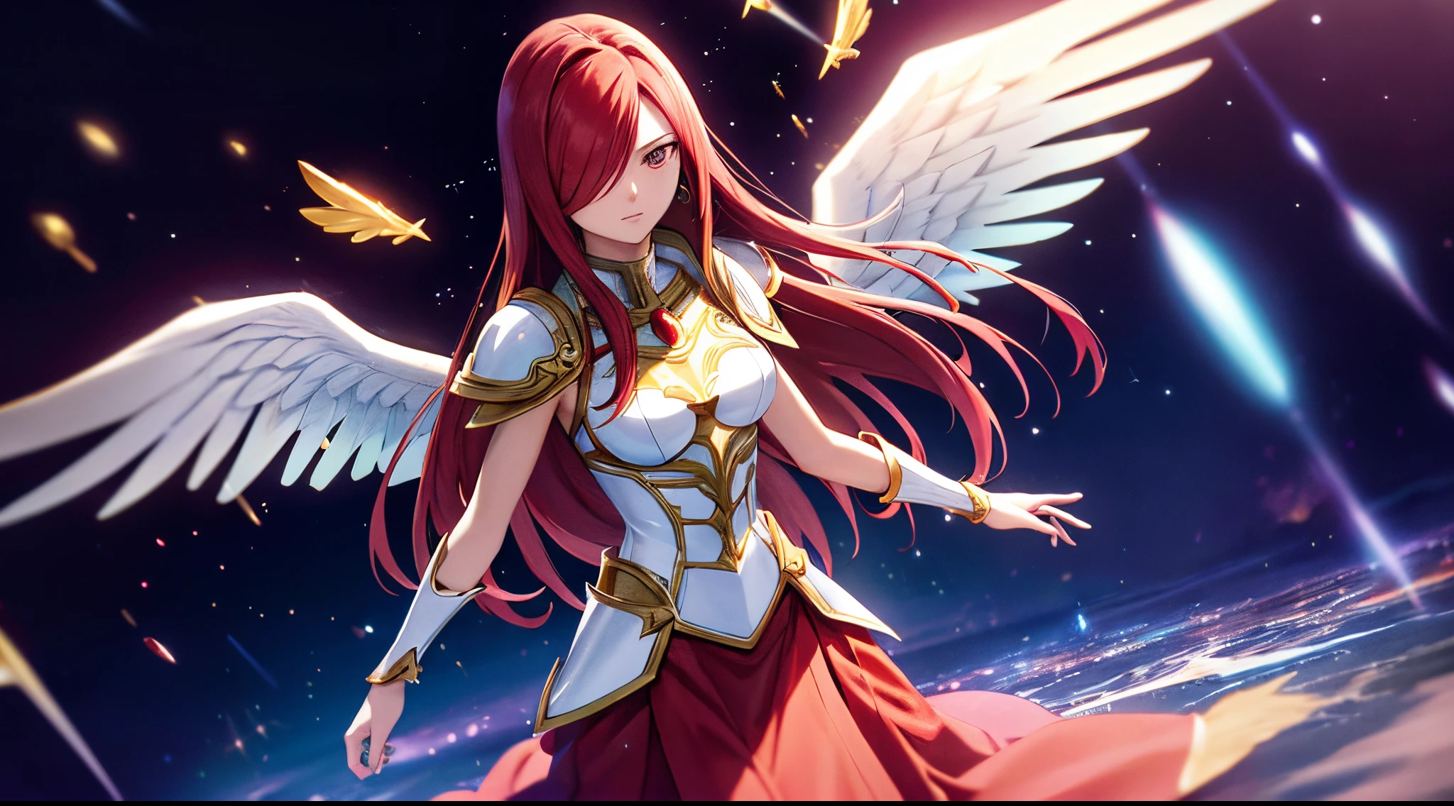 erza, 1girl, solo, long_hair, medium breasts,brown_eyes,red_hair,hair over one eye, standing, looking at viewer,saint seiya armor and wings,praying beads on neck, long skirt,outer space galaxy and nebulae,anime style,deep depth of field,wide angle view,Lumen Reflections,Screen Space Reflections,Diffraction Grading,Chromatic Aberration,GB Displacement,Scan Lines,Ray Traced,Anti-Aliasing,FXAA,TXAA,RTX,SSAO,Shaders,OpenGL-Shaders,GLSL-Shaders,Post Processing,Post-Production,cell Shading,Tone Mapping,CGI,VFX,SFX,insanely detailed and intricate, 4K