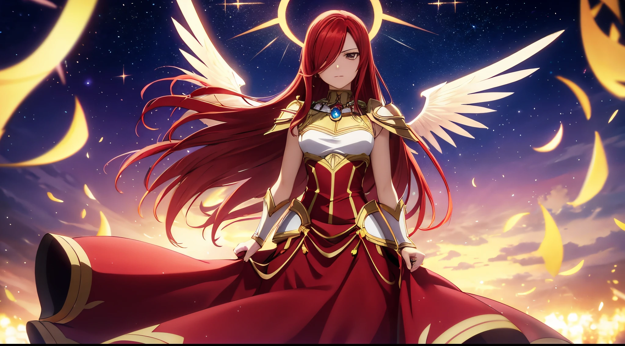 erza, 1girl, solo, long_hair, medium breasts,brown_eyes,red_hair,hair over one eye, standing, looking at viewer,saint seiya armor and wings,praying beads on neck, long skirt,outer space galaxy and nebulae,anime style,deep depth of field,wide angle view,Lumen Reflections,Screen Space Reflections,Diffraction Grading,Chromatic Aberration,GB Displacement,Scan Lines,Ray Traced,Anti-Aliasing,FXAA,TXAA,RTX,SSAO,Shaders,OpenGL-Shaders,GLSL-Shaders,Post Processing,Post-Production,cell Shading,Tone Mapping,CGI,VFX,SFX,insanely detailed and intricate, 4K