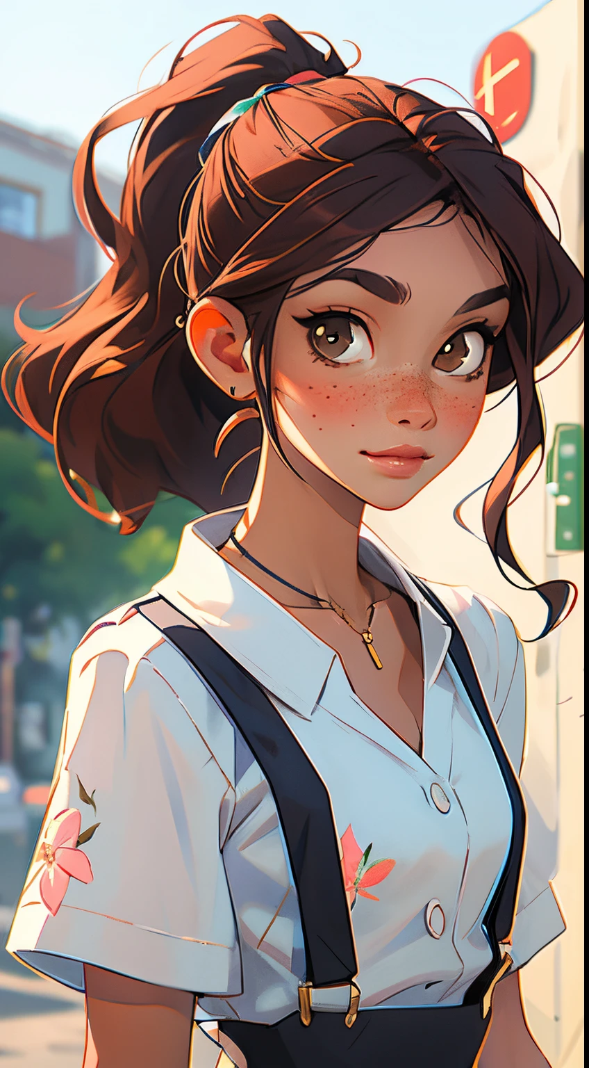 Anime girl with brown hair and a white shirt and suspenders - SeaArt AI