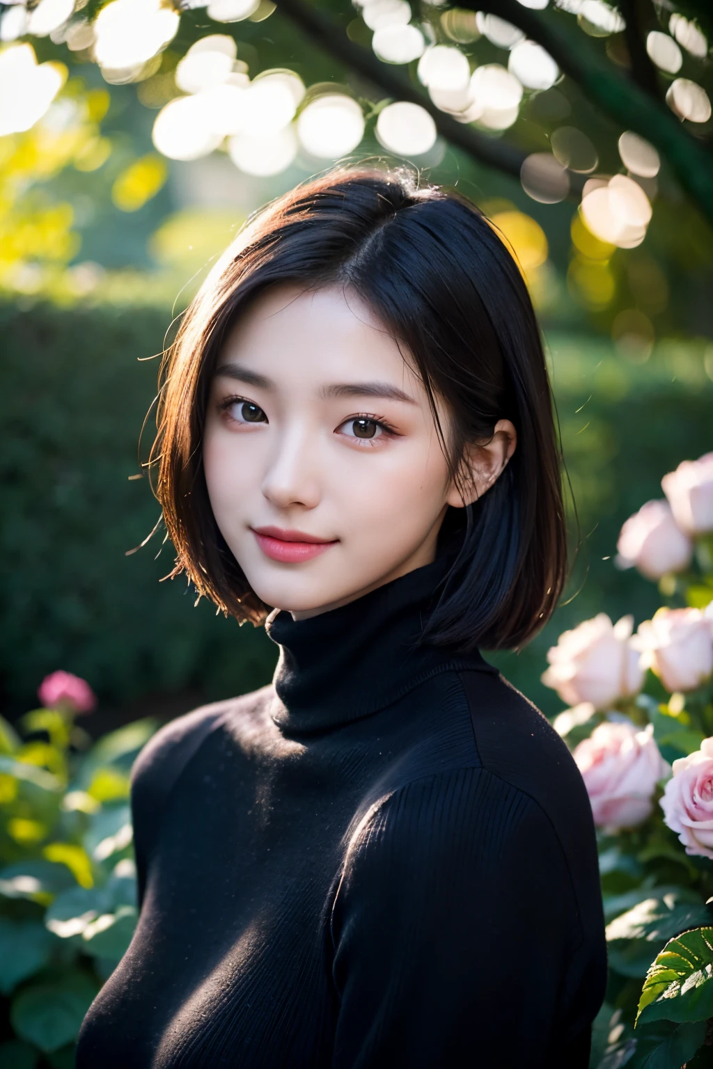 ​masterpiece,DSLR photo,analog style,NikonD5,rialistic photo,Photo of beautiful 20 year old woman,dramatic  lighting(85mm),Blooming garden in the background,(detailed facial features),(detailed shiny eyes),dynamic ungle,michelangelo style,Long,Black Turtleneck Sweater,a smile:1.4,