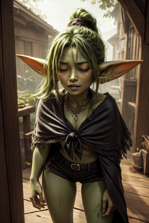 (masterpiece), (extremely intricate:1.3), (realistic), add_detail:1, sweet tooth is a female goblin, small, short, cute, 2 feet tall, light green dirty skin, long pointy ears, her sharp teeth are partially rotten, Her long green hair is tied back into a ponytail,, bright green eyes, She wears a messy and slightly revealing oversize poncho and tight black shorts, standing in town, leaning forward for kiss, kiss, closed eyes