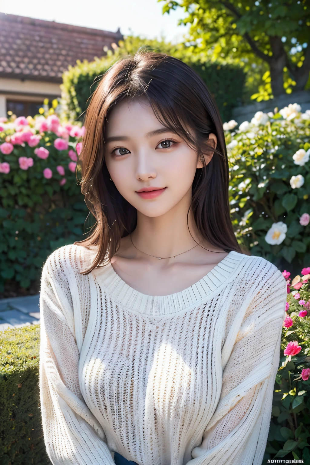 ​masterpiece,DSLR photo,analog style,NikonD5,rialistic photo,Photo of beautiful 20 year old woman,dramatic  lighting(85 mm),Blooming garden in the background,(detailed facial features),(detailed shiny eyes),dynamic ungle,michelangelo style,long,turtle necked sweater,A smile:1.4,