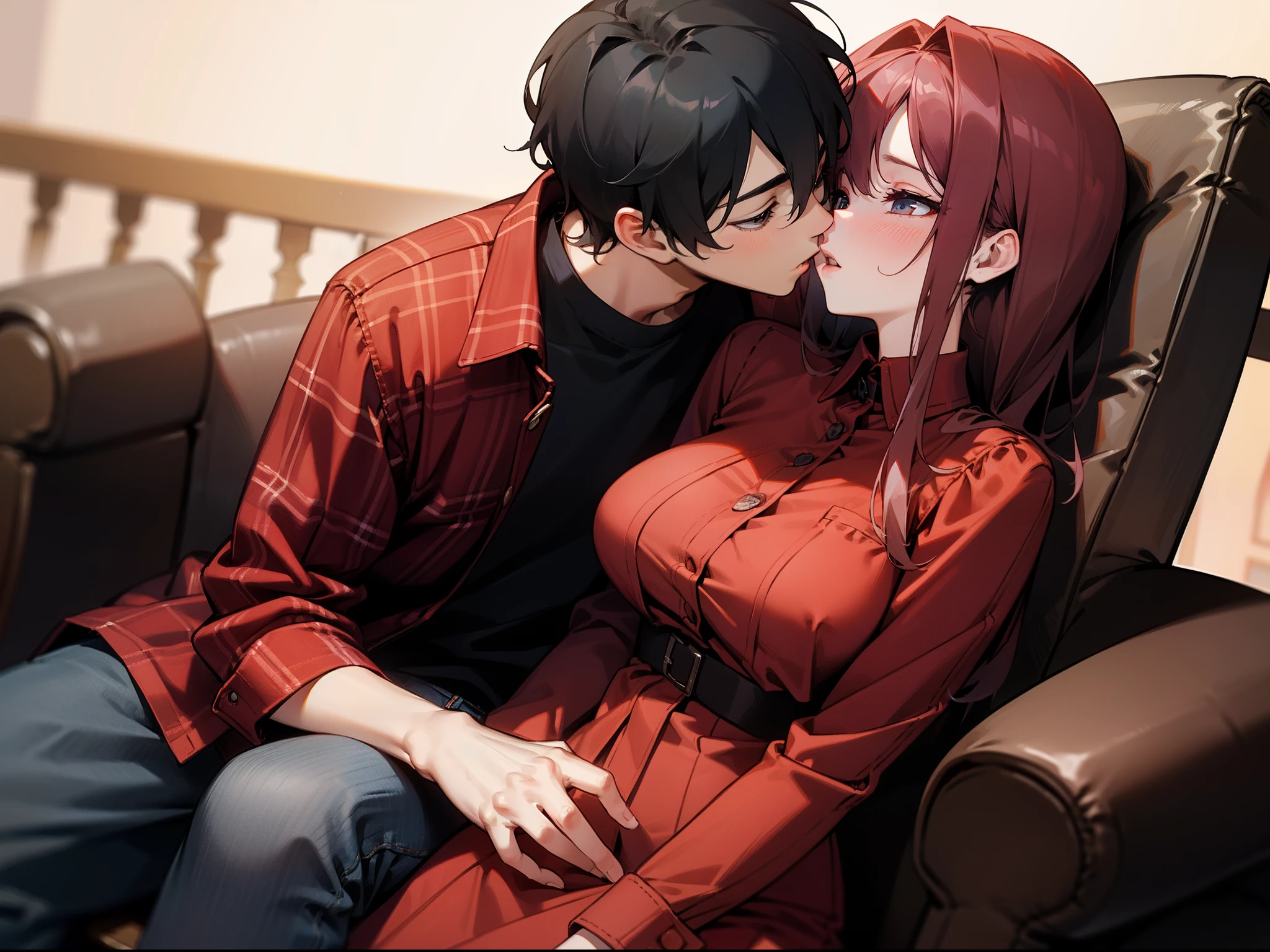 Anime couple sitting on a couch kissing each other - SeaArt AI