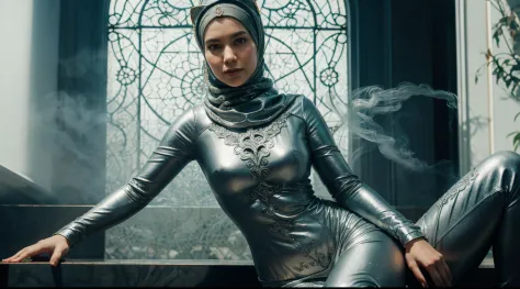 Full body portrait, beautiful fantasy Catwoman in hijab, shiny metallic jeweled depth, glowing smoke neon eyes, hoarfrost metal ...