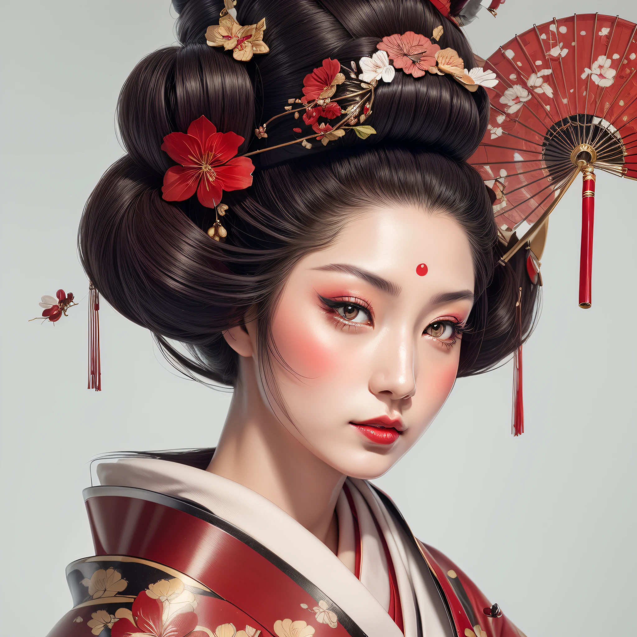 una hermosa geisha, labios llenos, ojos bonitos, con un paraguas rojo y un abanico en el pelo, Geisha de belleza, portrait of una hermosa geisha, geisha japonesa, geisha, geisha glamorosa y sexy, retrato de geisha, estilo de arte japonés, niña geisha, una hermosa obra de arte ilustración realista, impresionante ilustración digital realista, retrato de una geisha, peinado de geisha.