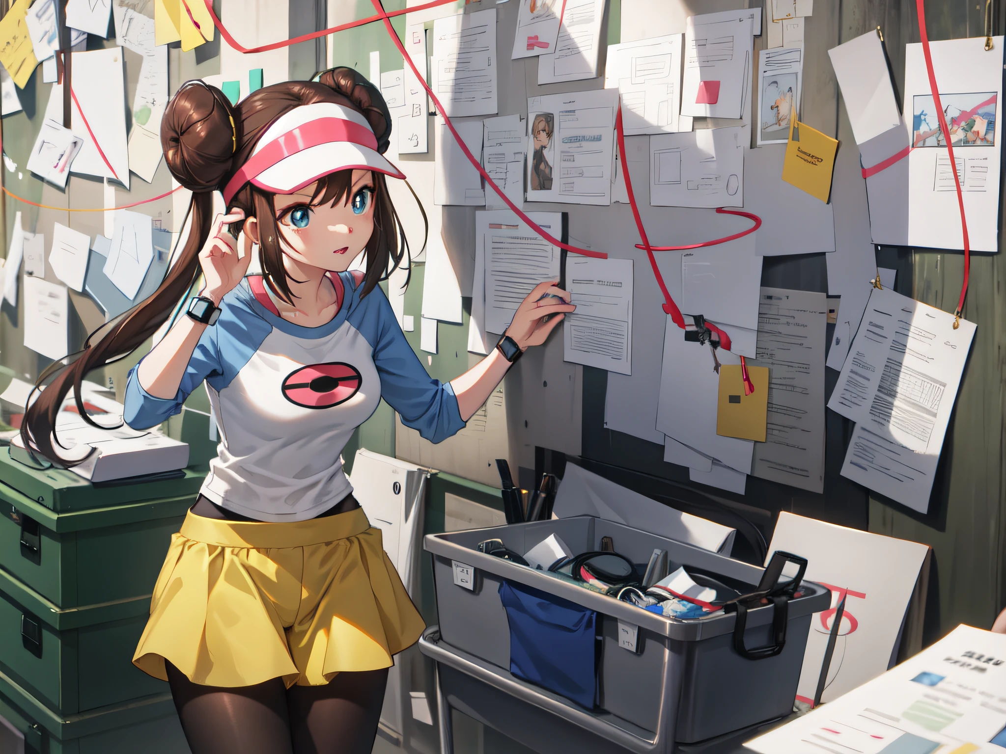 perfect eyes:1.2, detailed eyes:1.4, ro1, hair bun, PepeSilviaMeme, wall, paper, blue eyes, twintails:1.4, nice hands, long hair:1.2, visor cap, pantyhose, raglan sleeves, yellow shorts, shirt, pink bow, wristwatch, 1girl, solo, (masterpiece:1.6, best quality), 8k, insane details, intricate details, hyperdetailed, hyper quality, high detail, ultra detailed, professional, HDR, ray tracing reflection, cinematic lighting,