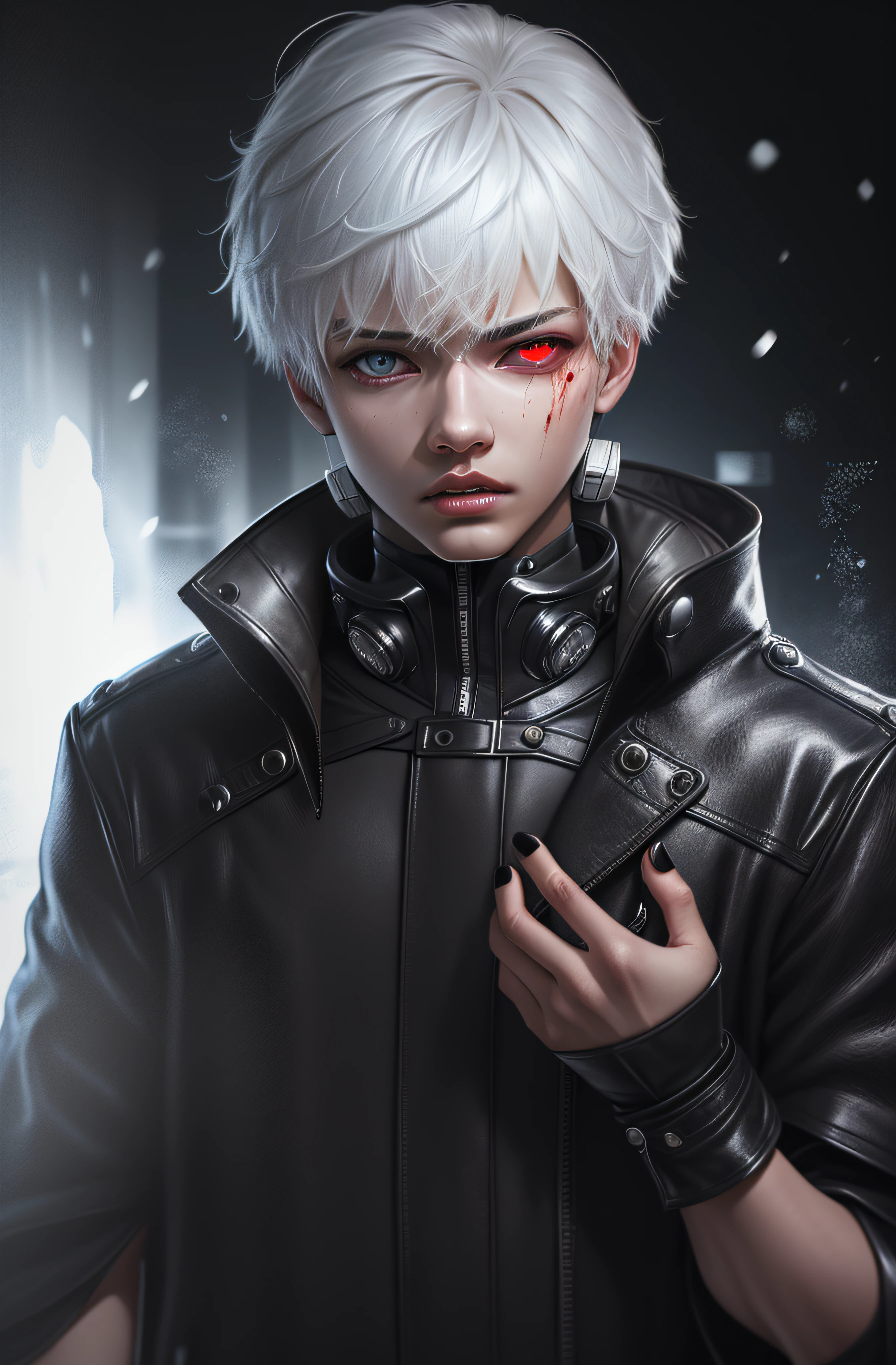 (photorealistic:1.4), (masterpiece, sidelighting, finely detailed beautiful eyes: 1.2), best quality, more details, masterpiece, 1boy, kaneki ken, portrait, close-up,  male focus, red eyes, solo, mask, black nails, short hair, black background, hand up, nail polish,  teeth, white hair,black winter overcoat black clothing,,black leather gloves, full body shot, 8k, detailed, ray tracing, depth of field, cinematic lighting, blood,