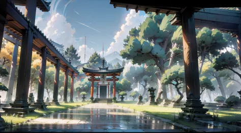 Japanese anime scene design，Ancient shrines，hillside，massive trees，Wisteria flowers，Quiet and elegant atmosphere，Delicate and so...