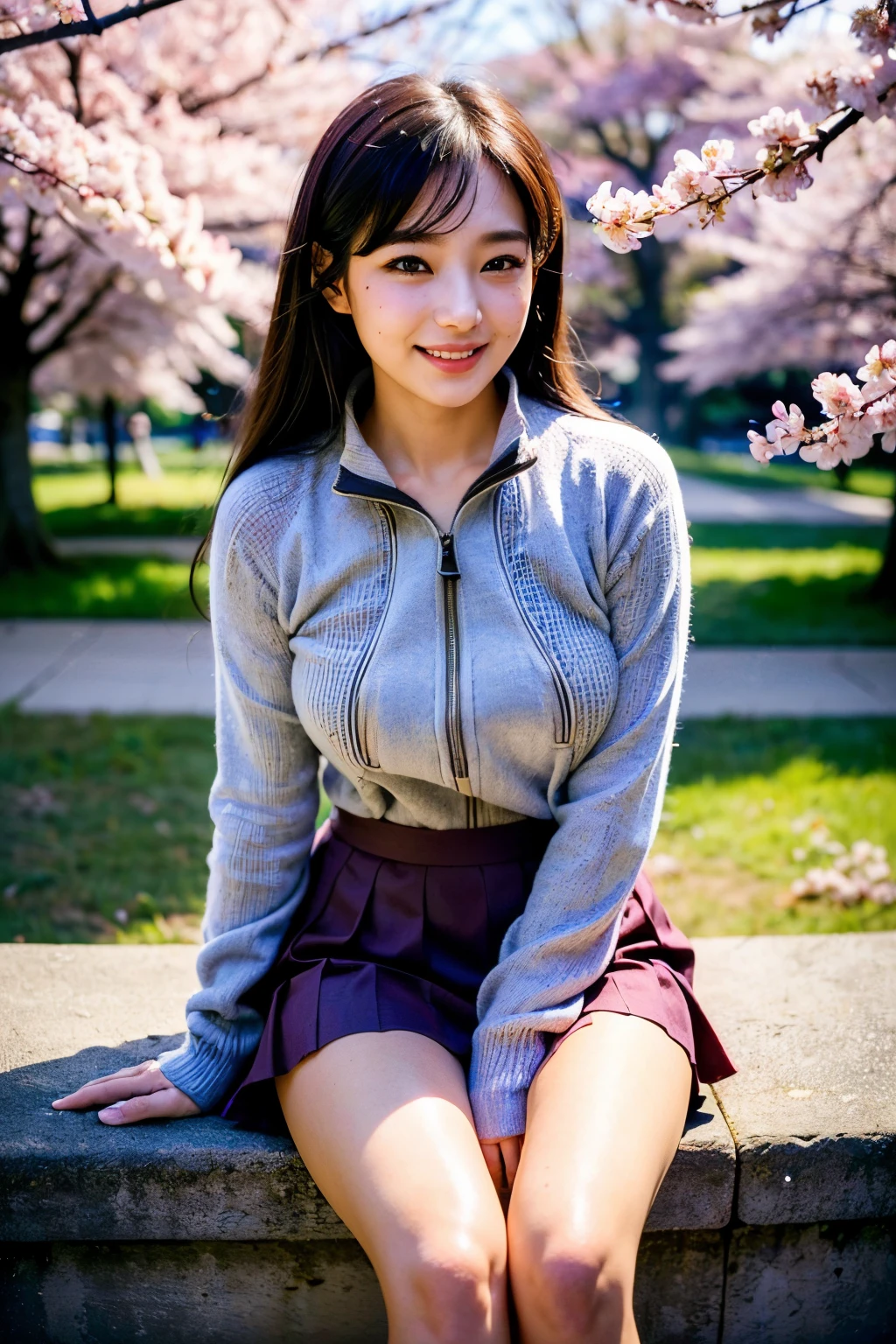 One super beautiful beautiful Korean woman,masutepiece, Best Quality, Ultra-detailed, finely detail, hight resolution, in 8K, ((Photorealsitic:1.4, Raw photography, 超A high resolution,Top image quality: 1.4)), ((Super Korean idol-class beauty:1.3)), (face is round and small), （((The nose is symmetrical and narrow:1.4))）,(The ratio of the transcendental nose is symmetrical and small and high.),Wallpaper, ((Perfect whole body configuration1.5)), Beautiful detailed eyes, Natural Color Lip, ((a serene smile:1.5)), ((Random and cute bangs see-through half up hairstyle)), ((Expensive collared half-zip knit clothes with long sleeves:1.5)), ((big breast size：1.5、cleavage of the breast:1.2)), ((Wear random and cute skirts:1.5)), ((Only one mole just above the tear bag:1.2)), ((Background of cherry blossoms:1.4)), ((random happy expression)),Highly detailed and natural lighting)),((thigh visible:1.5)),BREAK((I hold the hand of someone other than myself that has reached out.：1.5)),date with a man：1.5, Be in profile：1.3