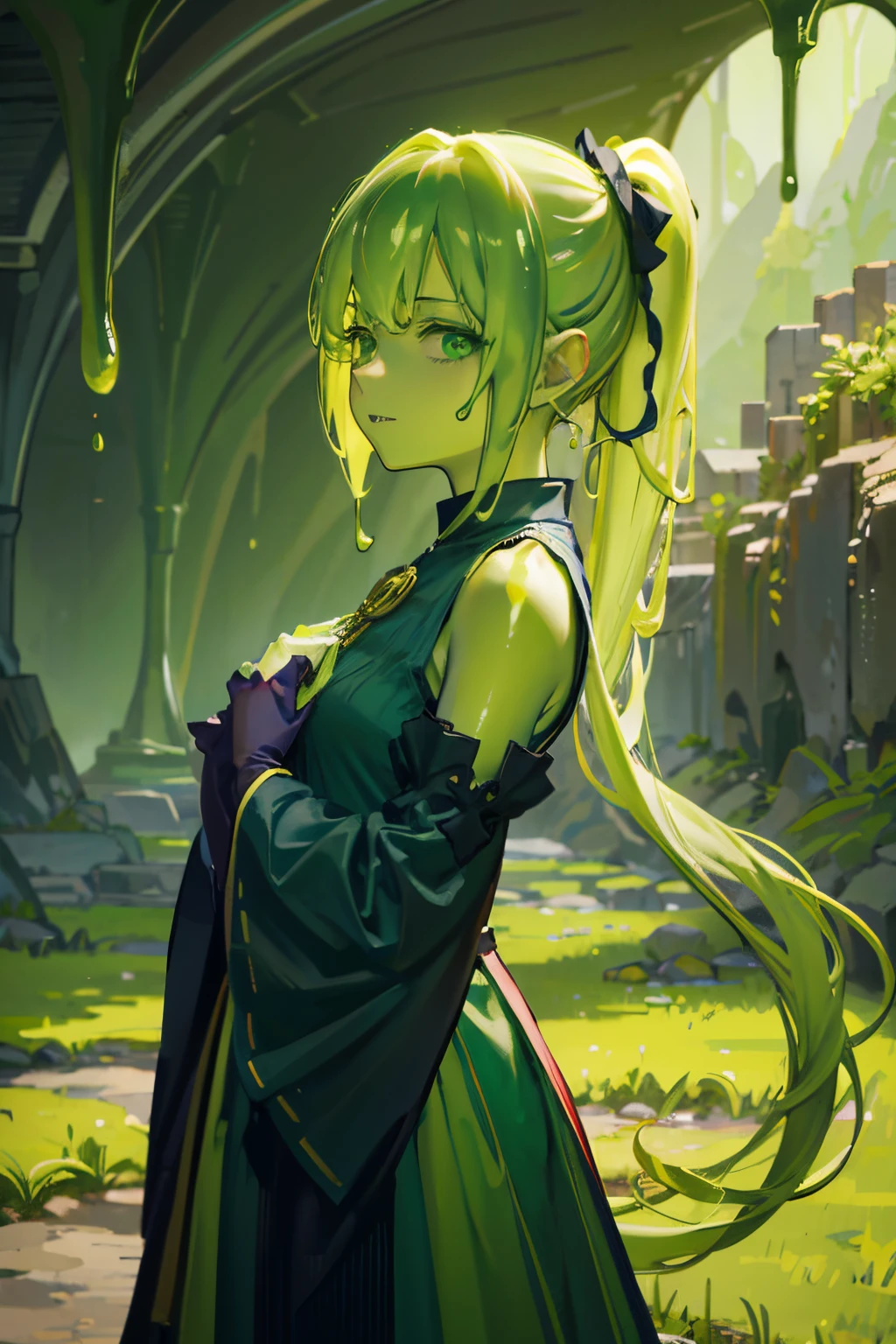 A 녹색 slime girl, 더블 포니테일 헤어, 녹색 skin, 녹색, 동굴 배경, 중세 옷, 괴물 소녀, 행복한 표정, 텅 빈 눈,