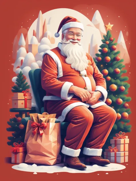 christmas postal, 1big old man with white beard, santa claus gift bag, glasses ultra detail, sharp eyes, (best quality, highres:1.2), santa costume, blush, nice man, happy, solo, smiling, red coat, snow