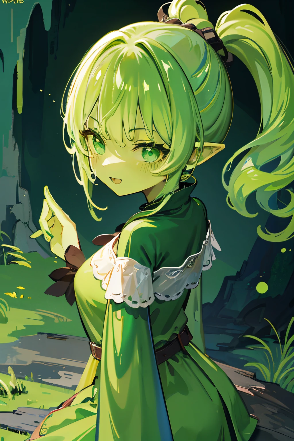 A green slime girl, double ponytail hair, green skin, green, cave background, medieval clothes, monster girl, happy expression